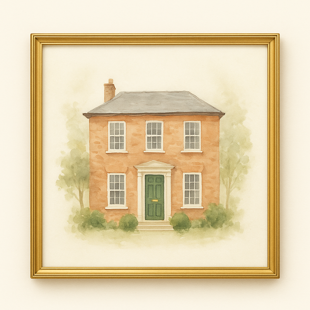 Watercolor house portrait in elegant gold frame
