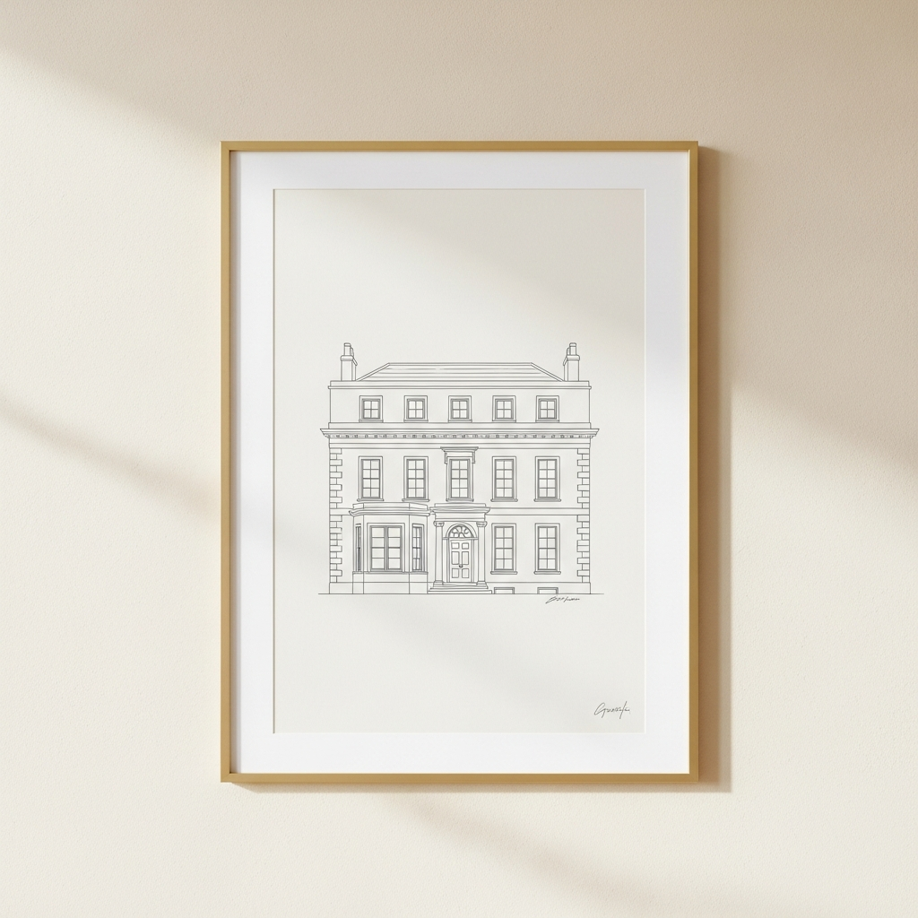 Line art house portrait in a gold frame