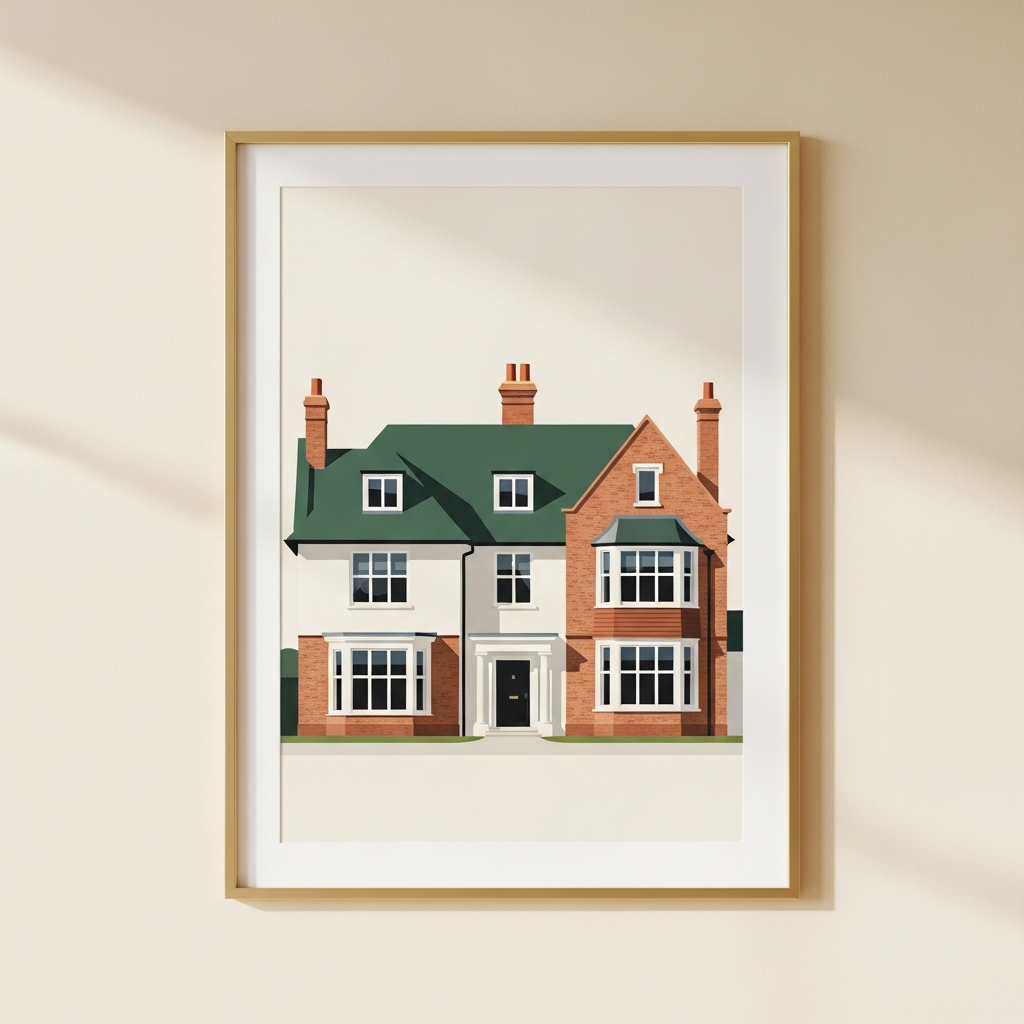 Modern flat illustration house portrait in a gold frame