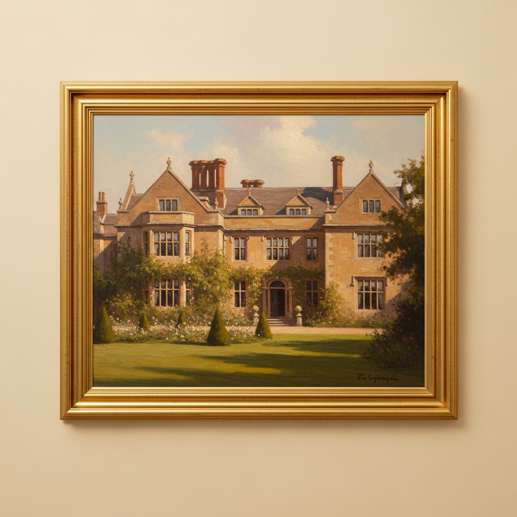 Oil painting house portrait in a gold frame