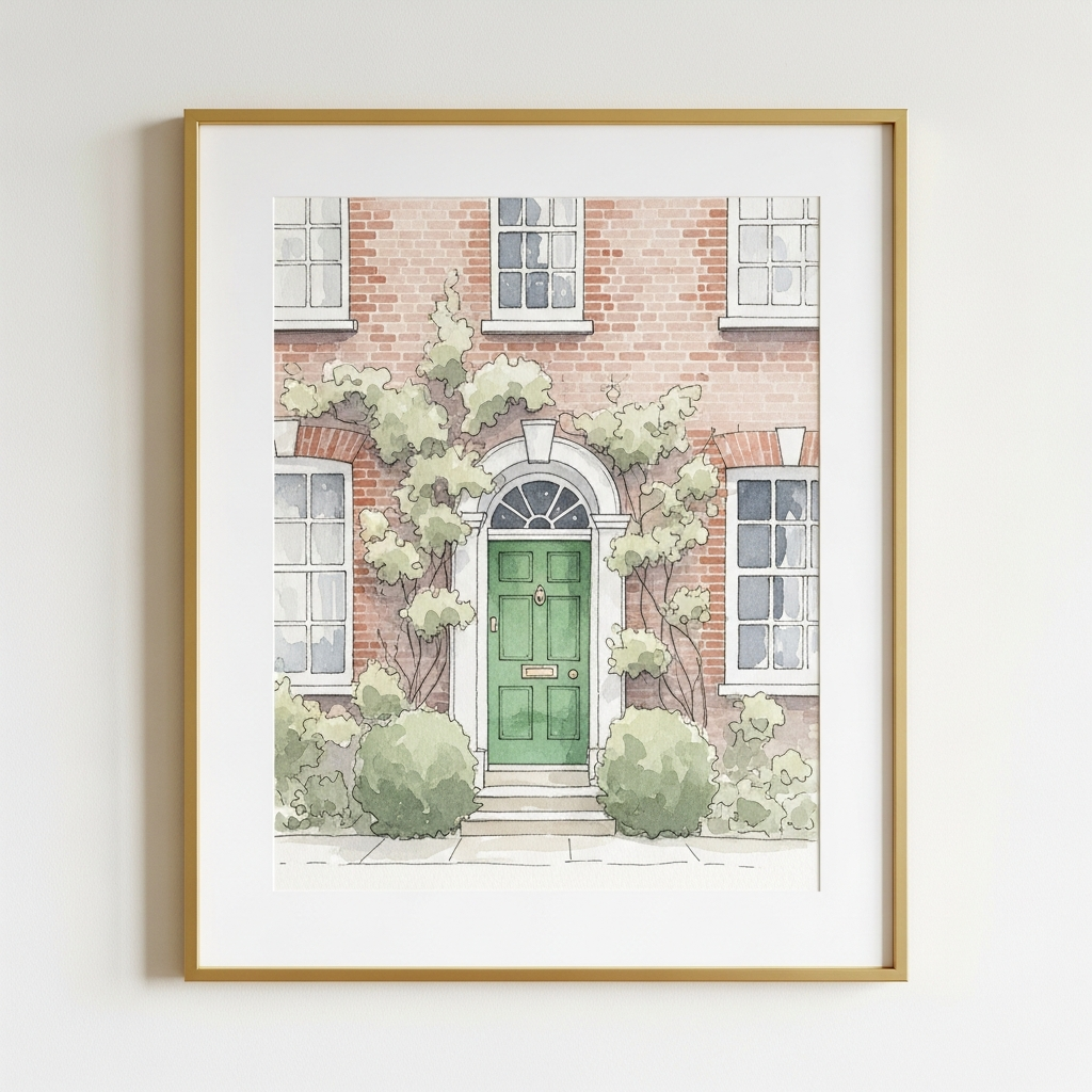 Watercolour house portrait in a gold frame
